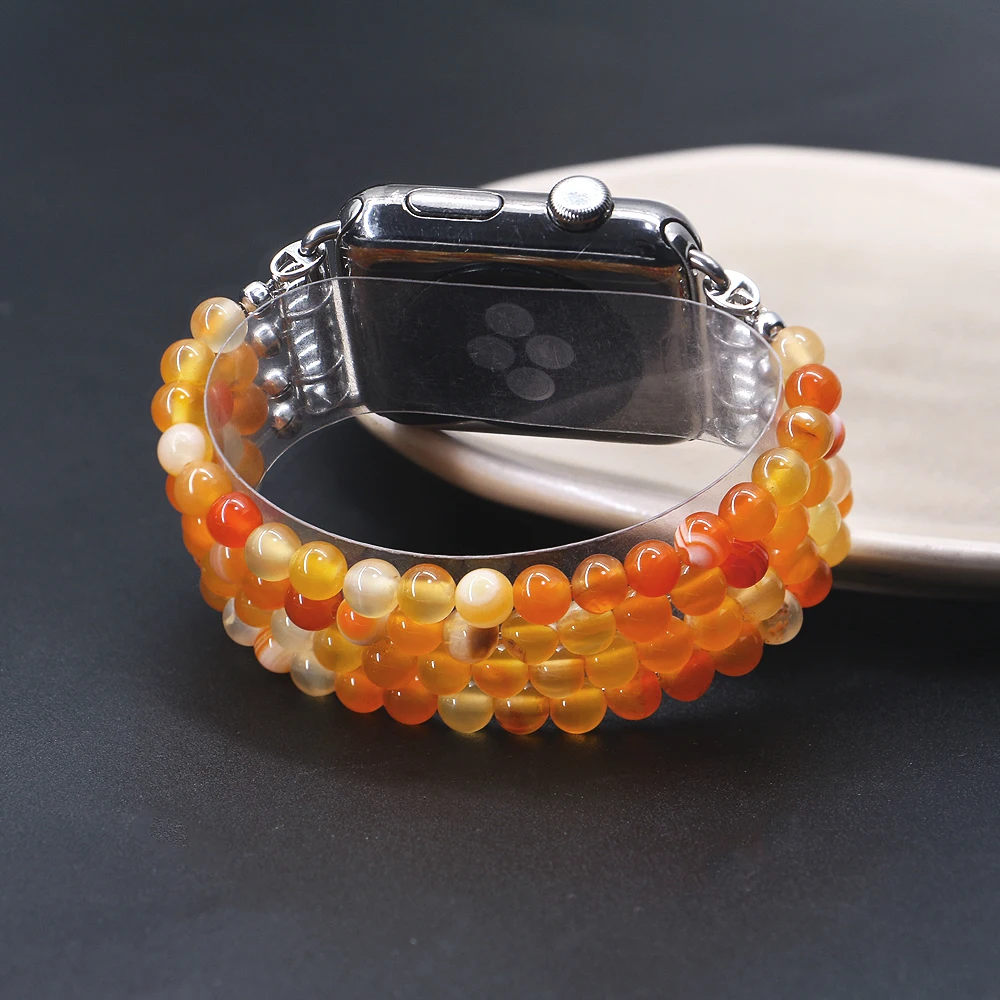 LuReen полоса агатовыми бусами наручных часов Apple Watch 38 мм 42 эластичный ремешок для