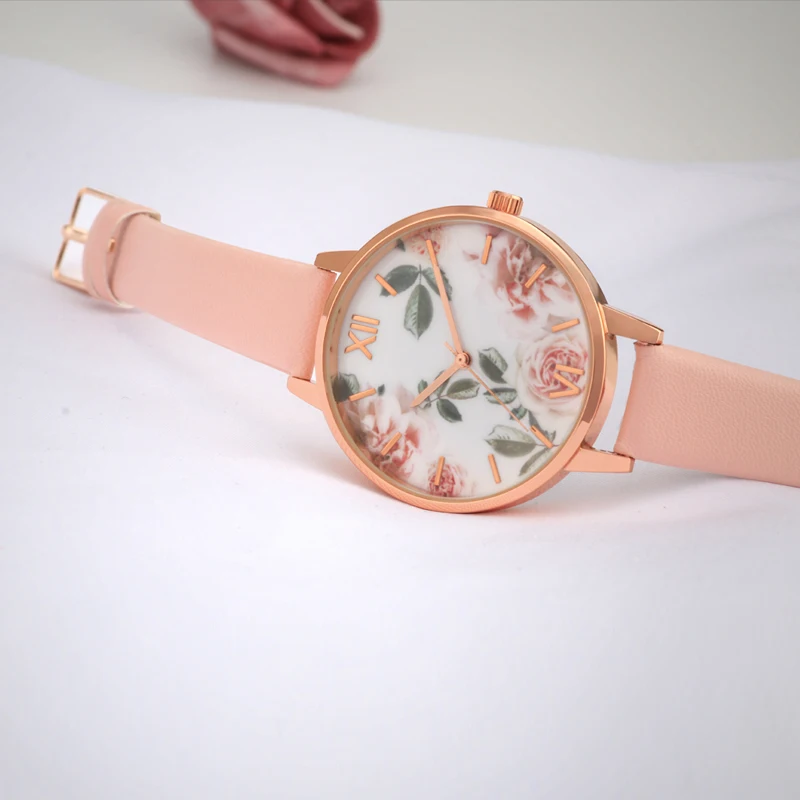 

Rose Flower Dial Women Watch Ladies Pink Strap Fashion Design Wedding Gift