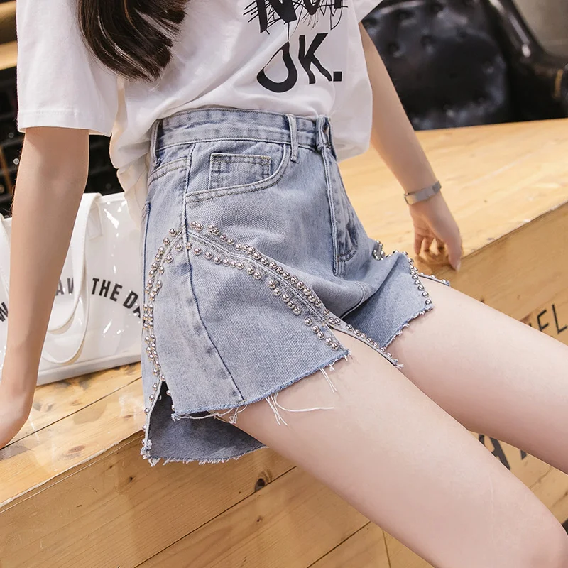 

High Waist Denim Shorts Women New High Street Slim Beaded Irregular Tassel College Hot Pants Casual Wide Leg Shorts Jeans