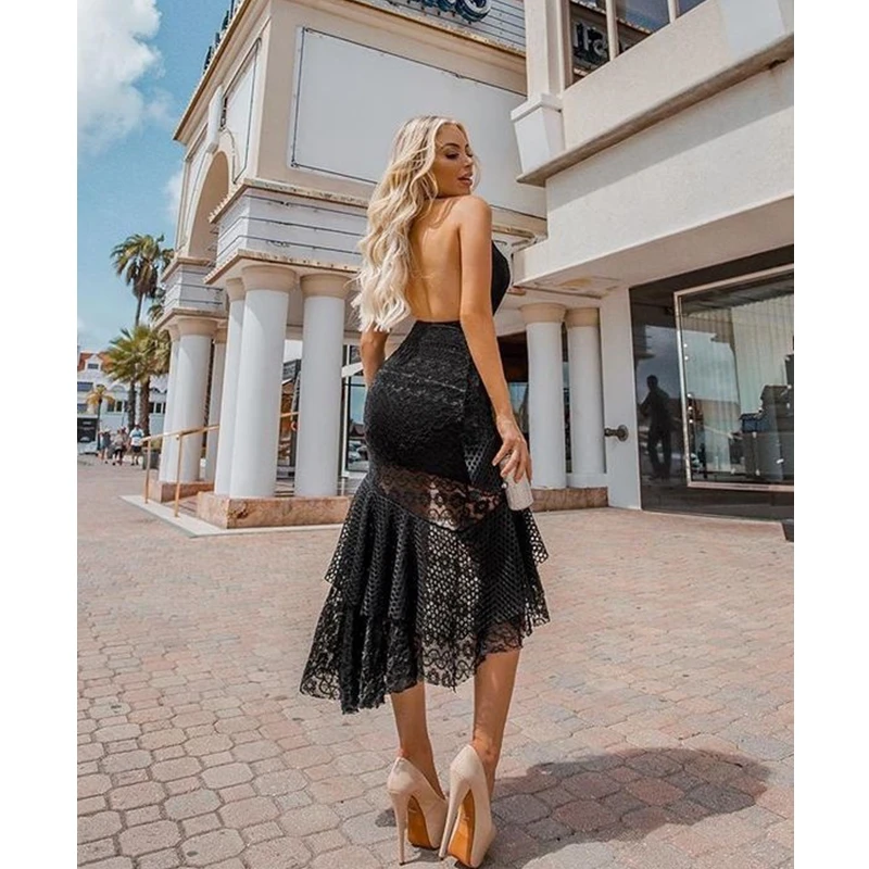 

WEPBEL Summer Sexy Lace Hollow Out Dress Women's Elegant Halter V-neck Solid Color Backless High Waist Slit Irregular Dress