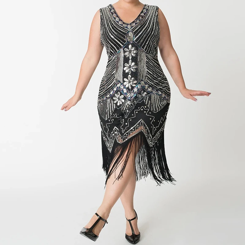 

Plus Size Vintage1920s Deco Great Gatsby Sequin Dresses with Sleeveless 20s Long Fringed Beaded Dress for Women