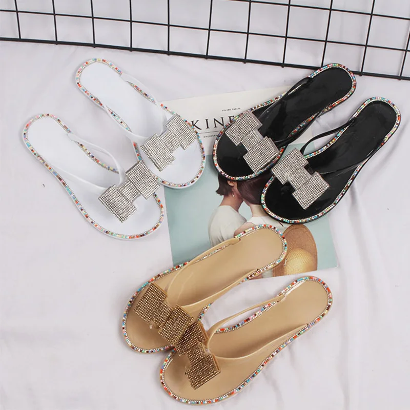Women Slippers Bowknot Woman Flat Clip Toe Crystal Female Slides Flip Flops Outdoor Sandals Ladies Beach Shoes Summer 2020 | Обувь
