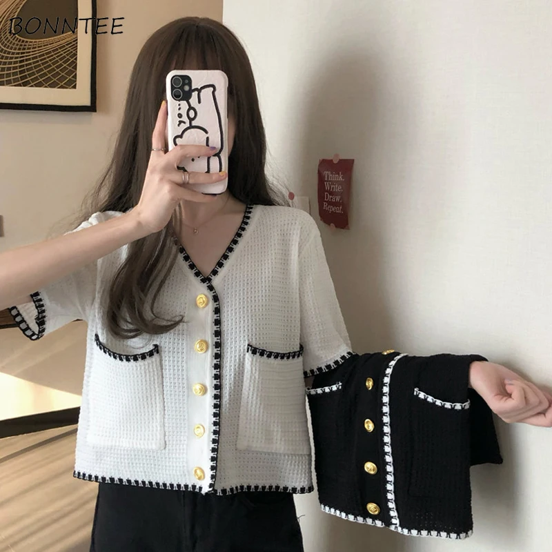 

Shirts Women V-neck Knitwear Crop Tunic Short Sleeve Summer Korean Style Panelled New Arrival Open Front All-match Leisure Daily