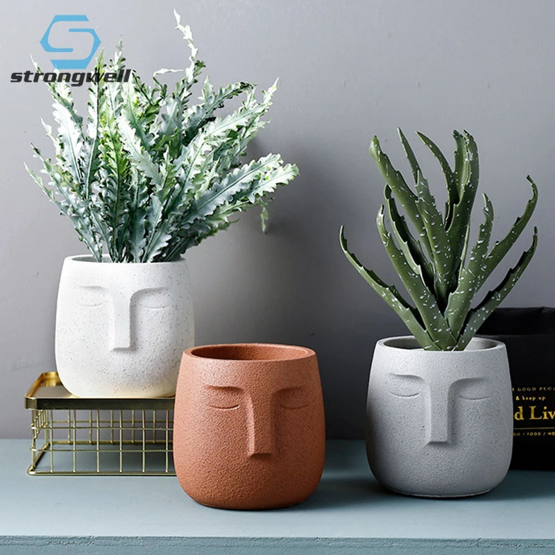 

Strongwell Nordic Cement Succulent Flower Pot Abstract Face Container Home Living Room Decoration Accessories Green Plants Pots