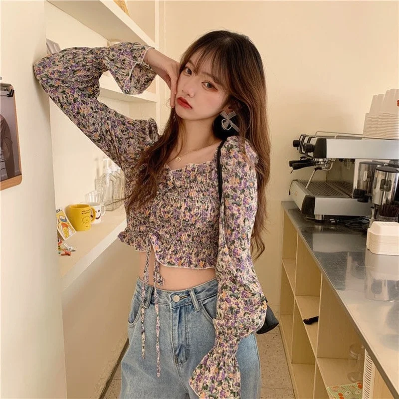 Блузка женская с цветочным принтом пикантный укороченный топ