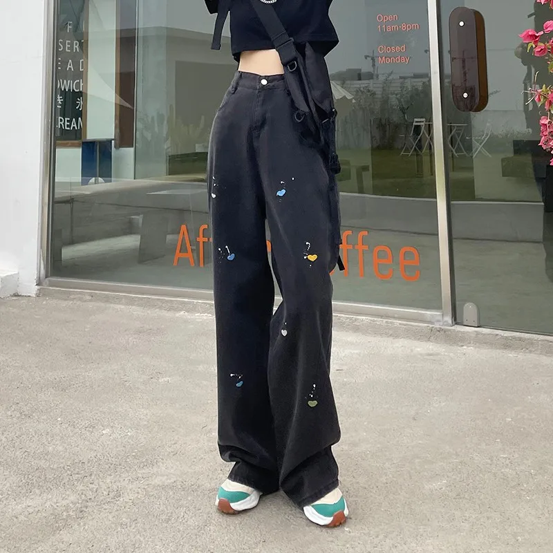 

GUUZYUVIZ Embroidery Printed Love Pattern Full Length Black Jeans Woman High Waist Casual Loose Plus Size Denim Wide Leg Pants