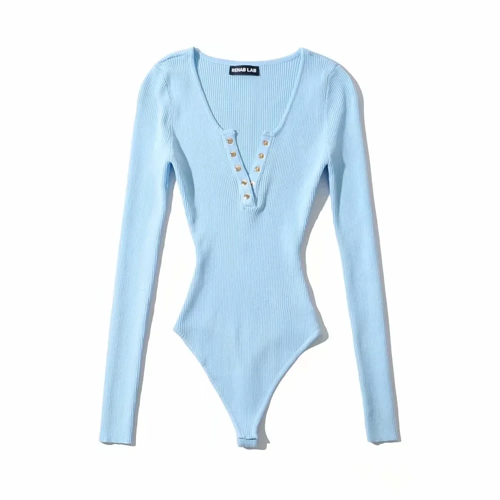 High Fashion Solid Knitted Deep V Neck with Buttons Playsuits Slim Long Sleeve Black Blue One Piece Jumpsuits for Women 2020