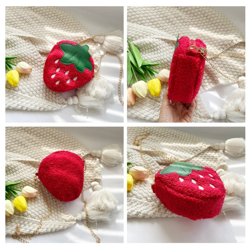 Faux Lamb Wool Children's Strawberry Shoulder Bag Cute Baby Girls Chain Messenger Bags Kids Plush Small Coin Purse Handbags