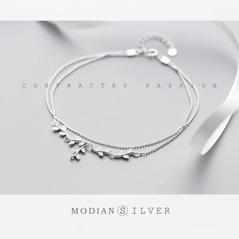 Цепочка на ногу Modian женская из серебра 925 пробы простой анклет с листьями ветки