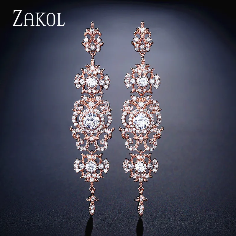 Rose Gold ZAKOL Роскошные циркониевые Свадебные Висячие серьги для женщин модные свадебные ювелирные изделия с длинными серьгами FSEP2311 - Окраска металла: Rose Gold