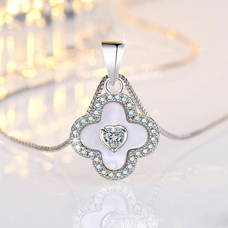 

BLACK ANGEL 925 Sterling Silver Fritillary Four Clover Necklace for Women Love Heart Shell Pendant Clavicle Chain INS Jewelry
