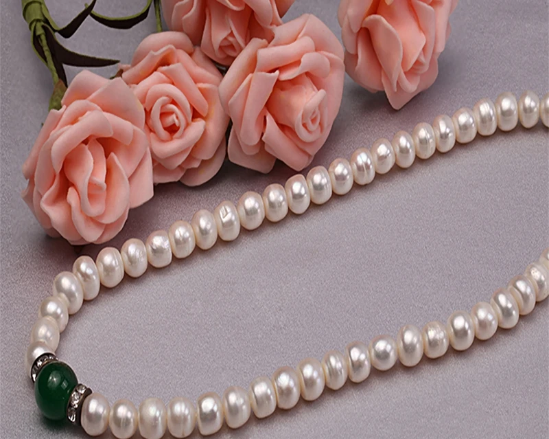 

8.0-9.0 Pearl Necklace 100% Real Natural Freshwater Cultured Necklace With Natural Jade Necklace Choker Necklace 16.0 inches