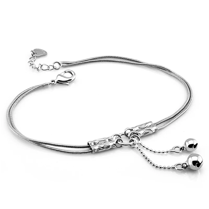 

Fashion cute girl bell anklets Women solid 925 sterling silver snake chain anklets Contracted double chain 27cm anklets jewelry