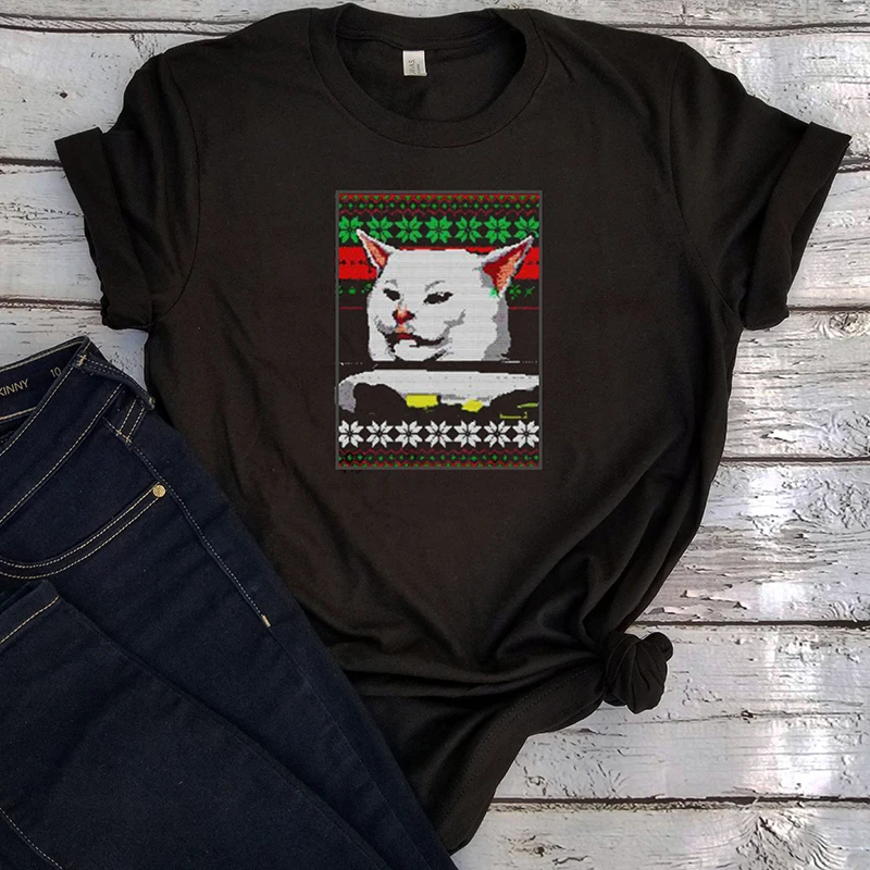 Cat Meme женские орал на обеденным столом Рождественский футболка женская рубашки