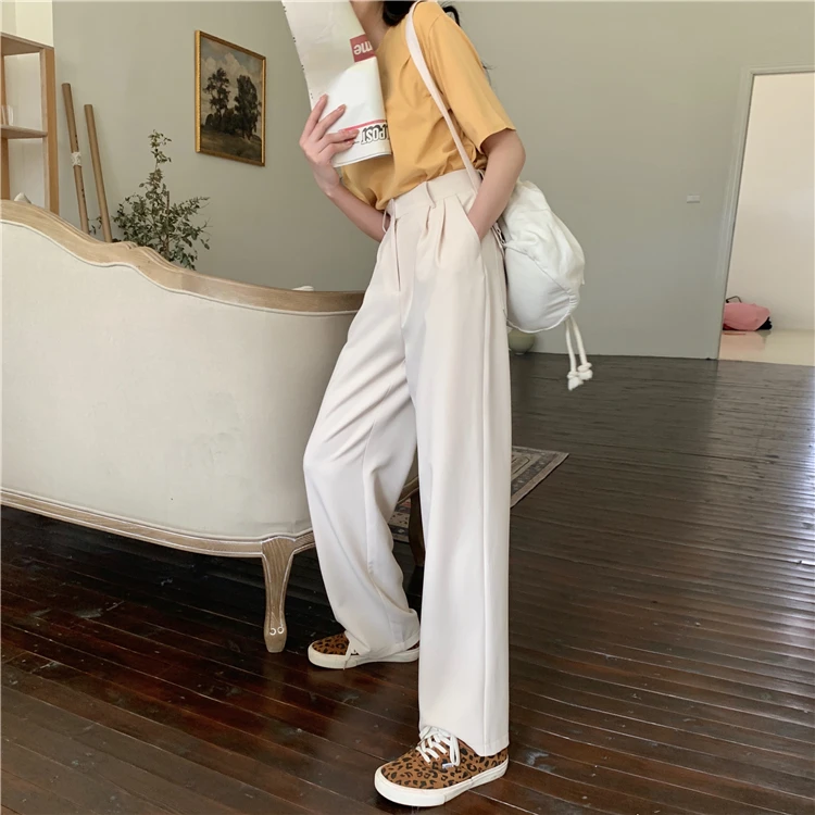 

3110 new temperament apricot suit pants women Korean loose straight wide leg pants