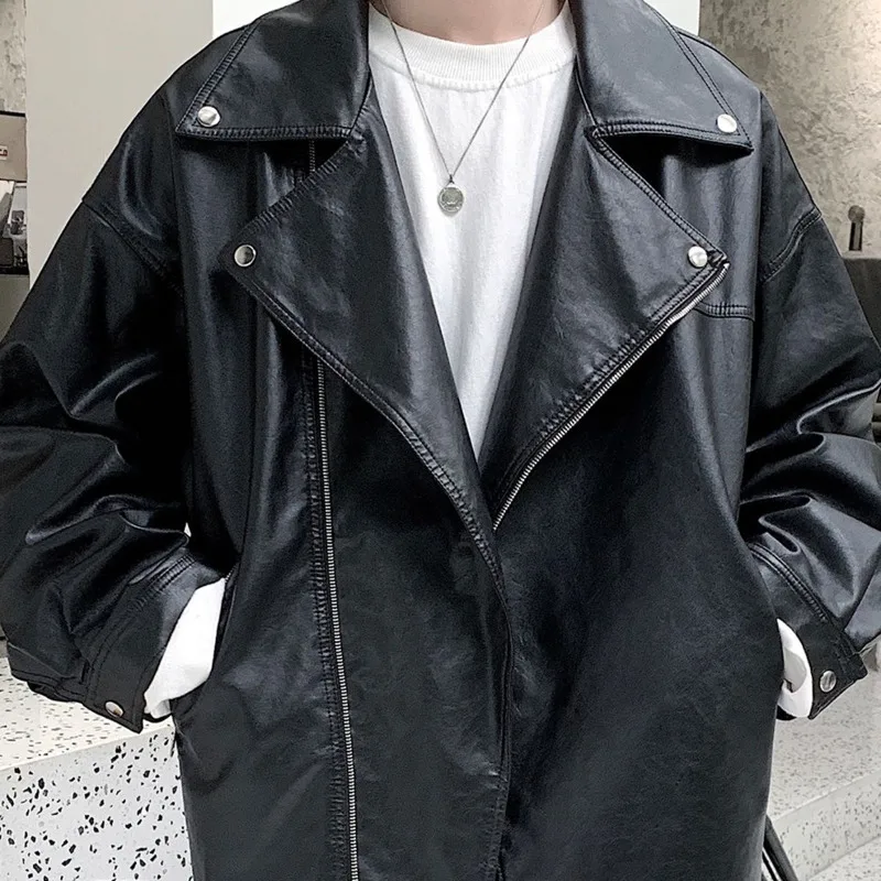 

Korean Leather Jacket Men's Fashion Solid Color Casual Motorcycle Jackets Mens Streetwear Wild Loose Hip-hop Bomber Jacket Men
