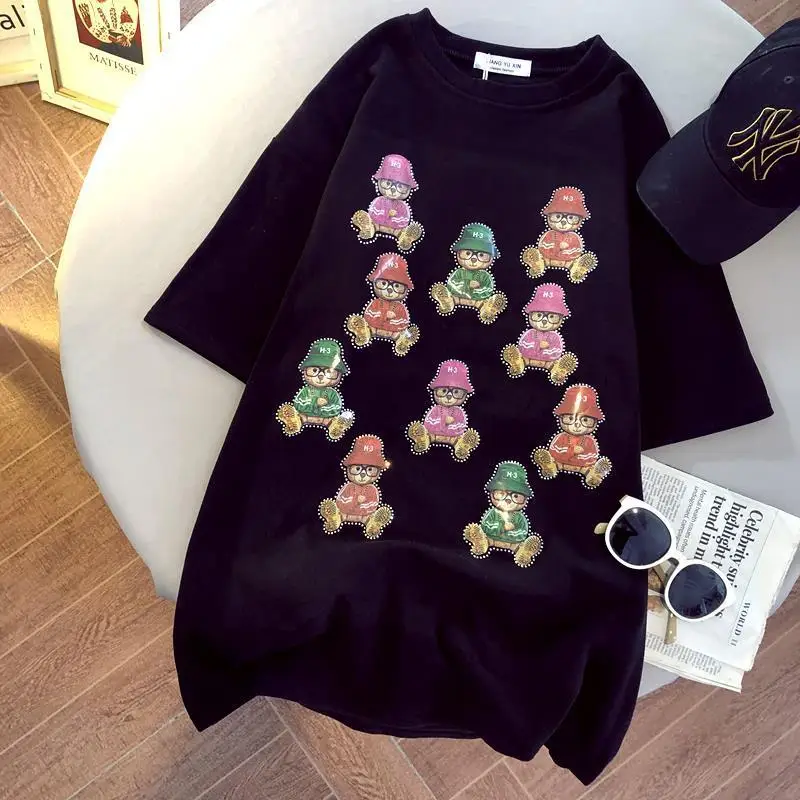 

2021 Summer Casual Loose T Shirt Women Cartoon Rhinestones T Shirts Bear Design Loose Short Sleeves