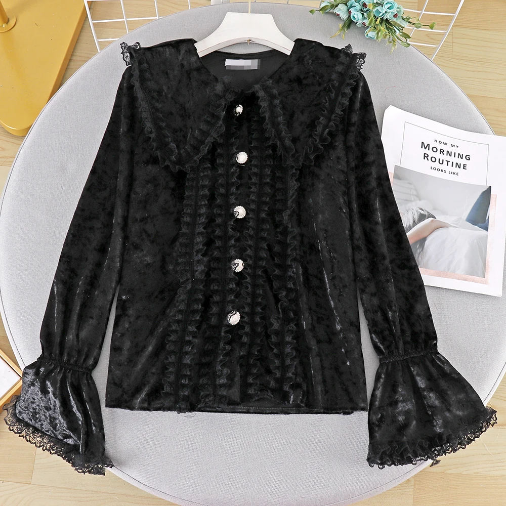 

sweet japan style Korean velour women blouses fashion brand lace up loose peter pan collar shirts flare sleeve ladies tops new