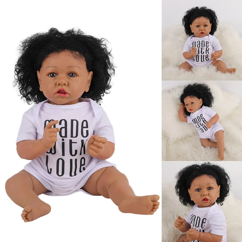 

23inch African Doll Rebirth Doll Washable Simulation Baby Silicone with Realistic Black Hair, Newborn Toddler Gift