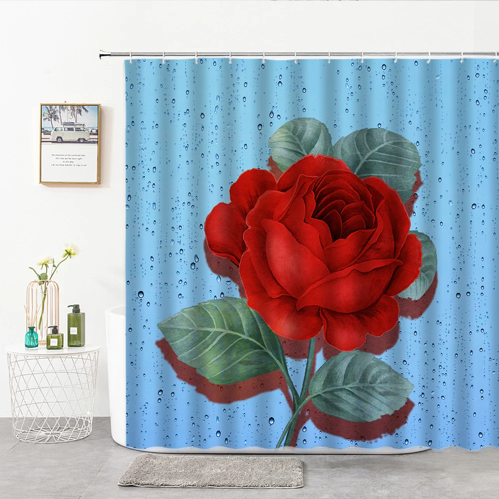 

3D Red Rose Flower Print Nordic Style Shower Curtains With Hook Natural Landscape Home Decor Bathroom Curtains Bathtub Screen