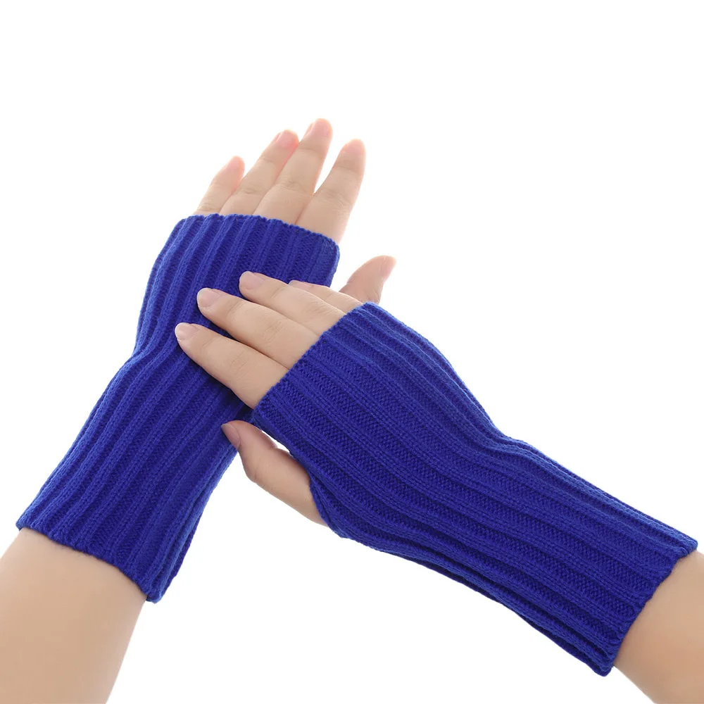 1 Pair Fashion Autumn Winter Spring Warm Women Ladies Girl Solid Gloves Arm Warmer Long Fingerless Xmas Knitting Wool Mittens - Цвет: Style3-blue