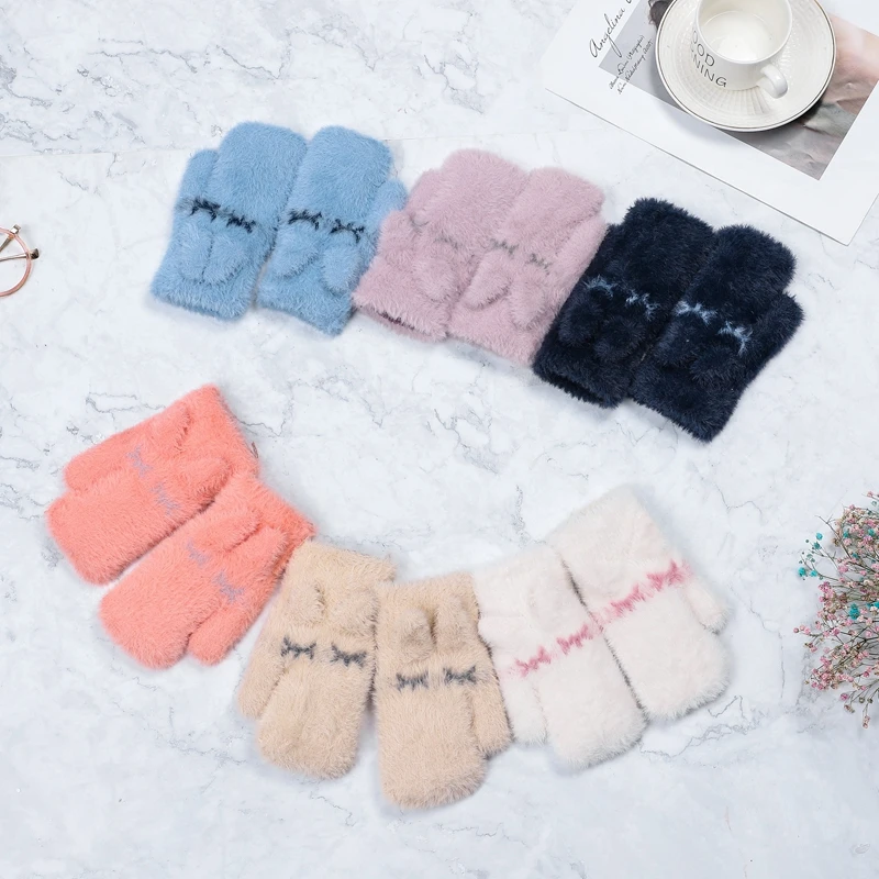 Children Girl Winter Mittens Gloves 5-10 Years Plus Velvet Furry Kid Cute Rabbit Keep Warm Soft | Детская одежда и обувь