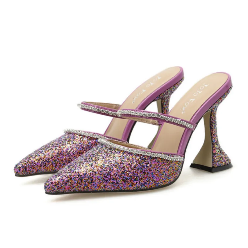 Мюли женские на высоком каблуке пикантные блестящие туфли серебристо