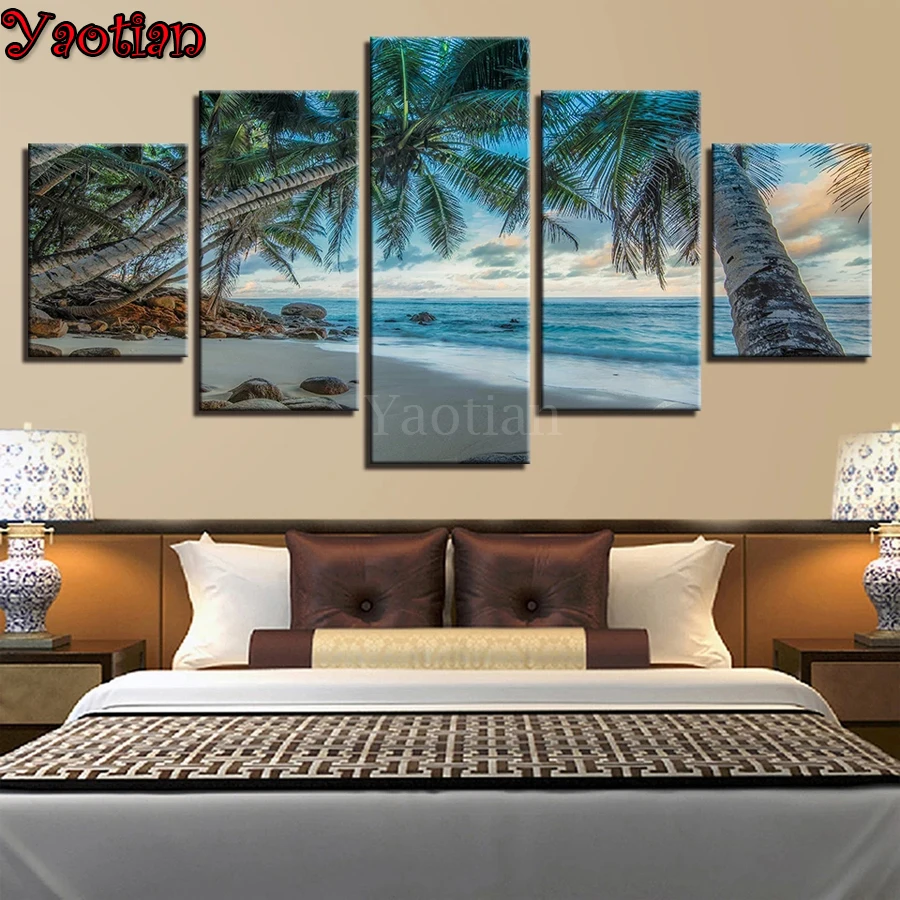 

Алмазная вышивка 5 шт. кокосовой пальмы и Пляжный Пейзаж живопись 5d diy алмазная живопись полная квадратная дрель 3d крест набор мозаики для им...