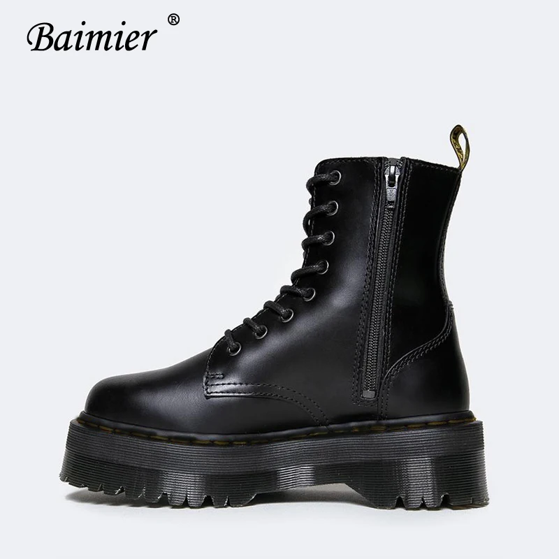 Baimier/черные ботинки Женские ботильоны на толстой платформе со шнуровкой Женская
