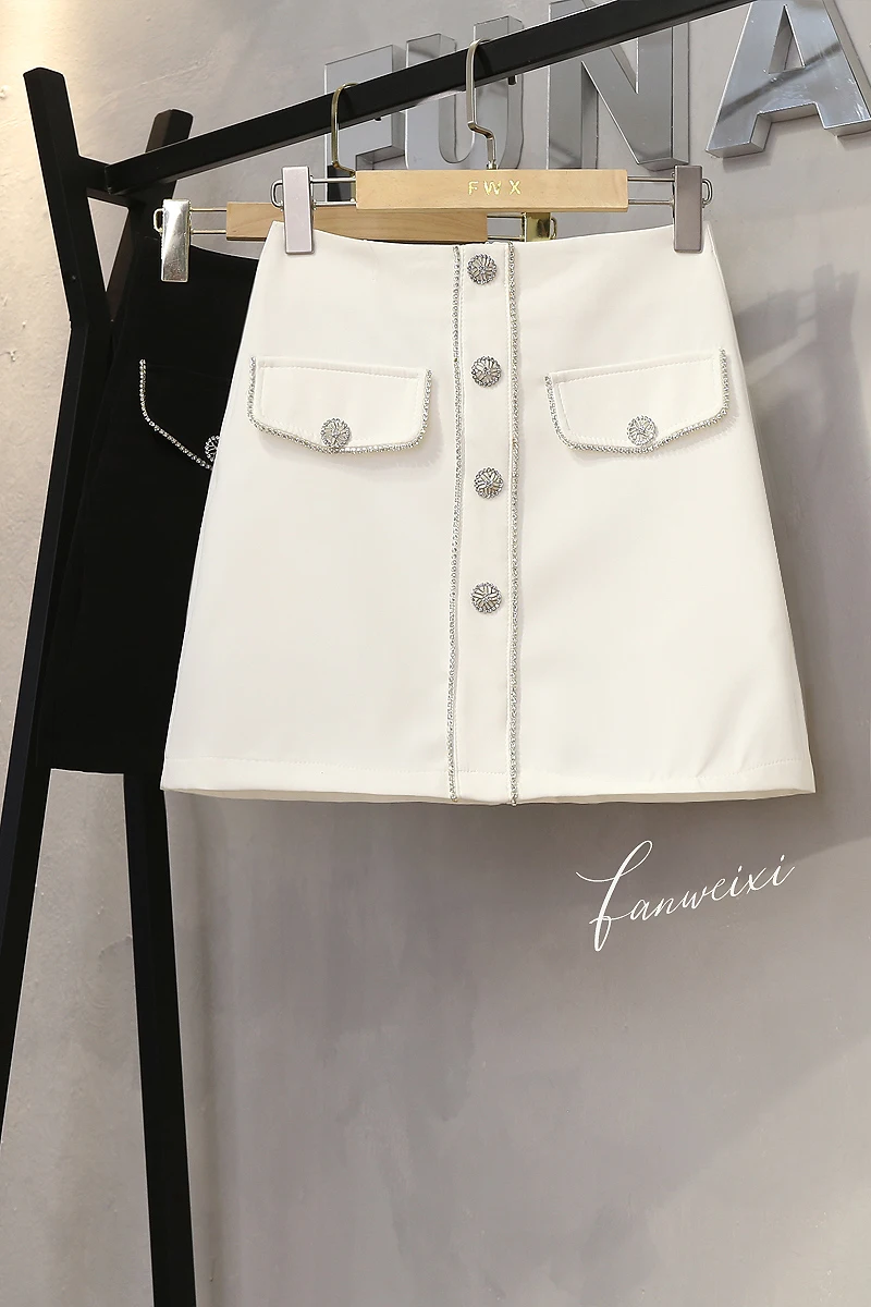 

2021 Spring New Fashion High Waist Slimming Diamond Single Breasted Skirt Women's A- line Skirt Hip Skirt