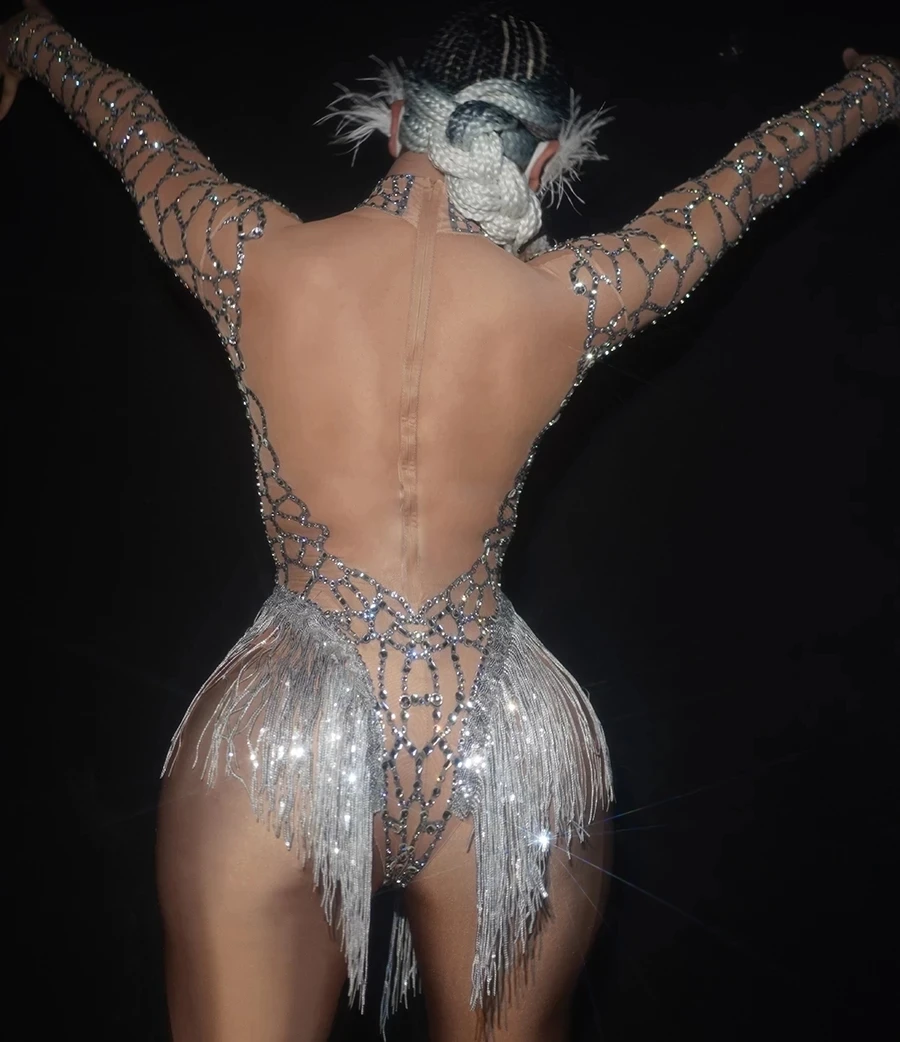 Сексуальное телесное Сетчатое Женское боди Стразы для ночного клуба