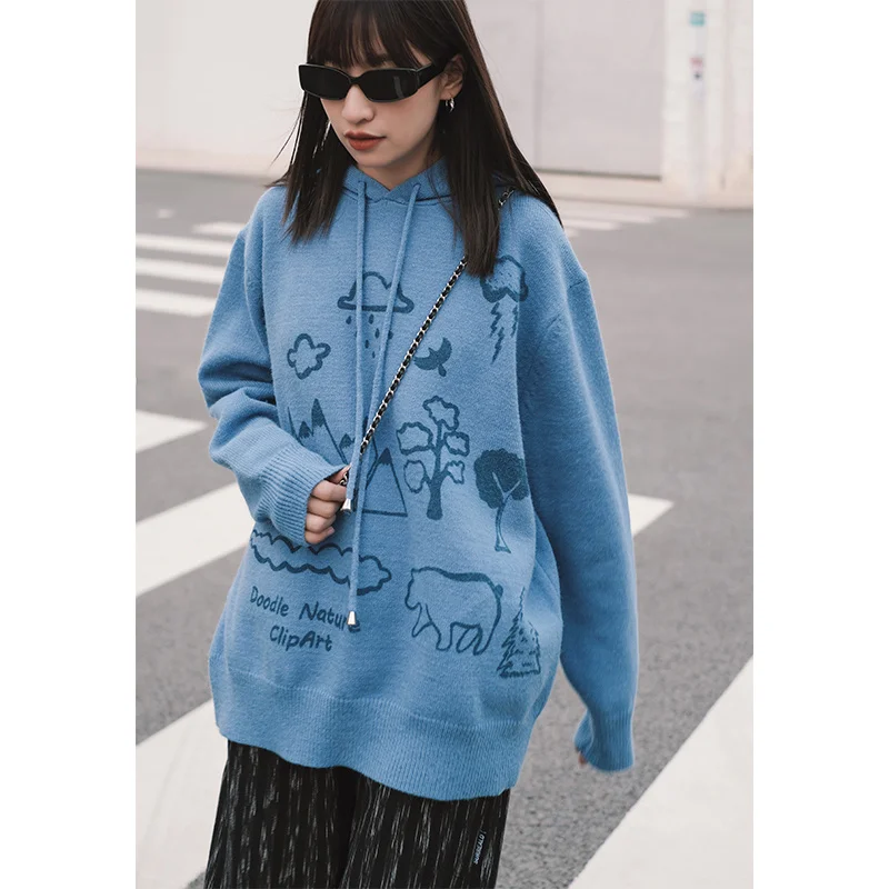 

Knitted Pullover Hand Drawn Simple Strokes Age Reducing No Collision Shirt Winter Loose Lazy Wind Plush Hooded Sweater Women