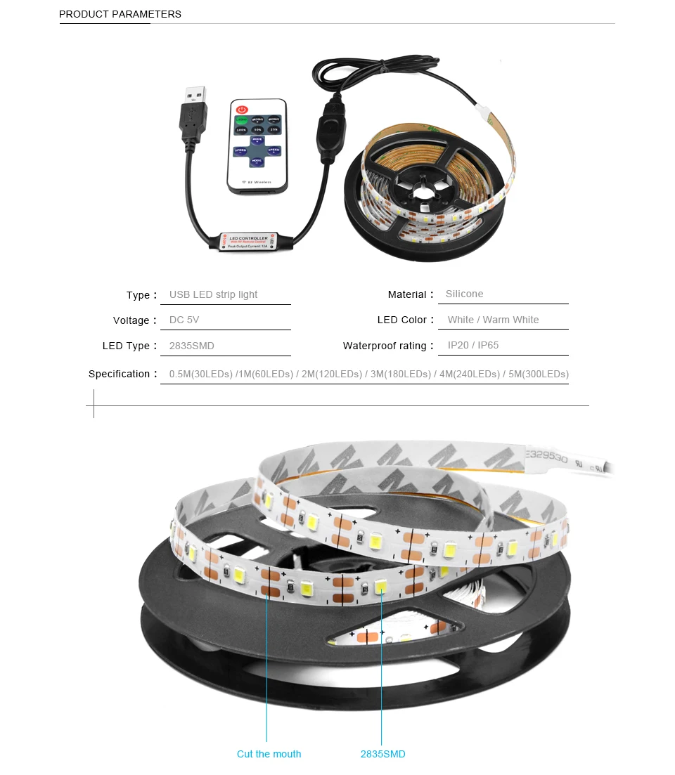 Затемняемый DC 5 в теплый белый USB светодиодный светильник 2835 SMD USB зарядное устройство Порт лента+ RF IR RGB пульт дистанционного управления 1 м 2 м 5 м