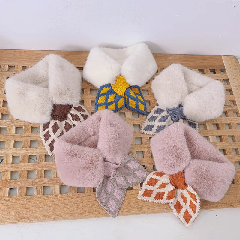 

Fashion Kids Girls Scarf Warm Winter Knitted Plush Fur Collar Scarf Princess Patchwork Plaid Cross Children Baby Girl Scarves