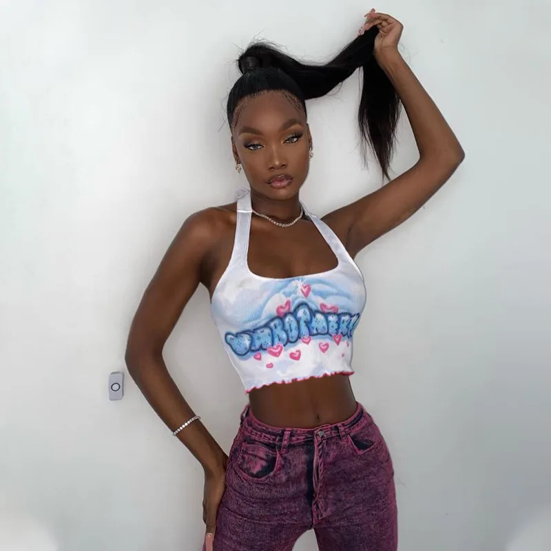 

Camisole Wooden Ears Lace Halter Neck Letter Print Mini Vest Summer Fashion Women's Sleeveless Short Top