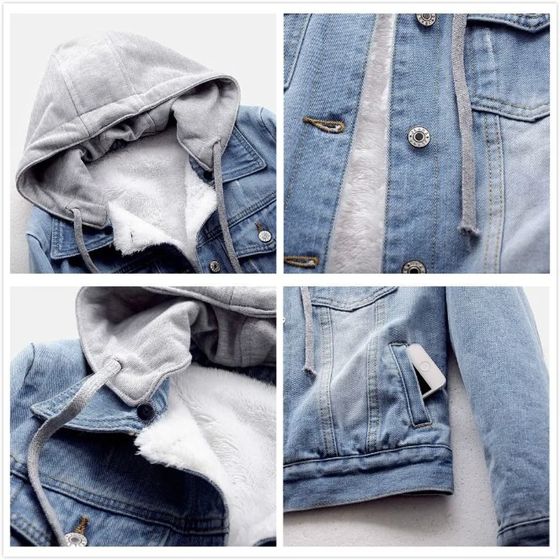 Женская джинсовая куртка с капюшоном зимняя повседневная короткая карманами |