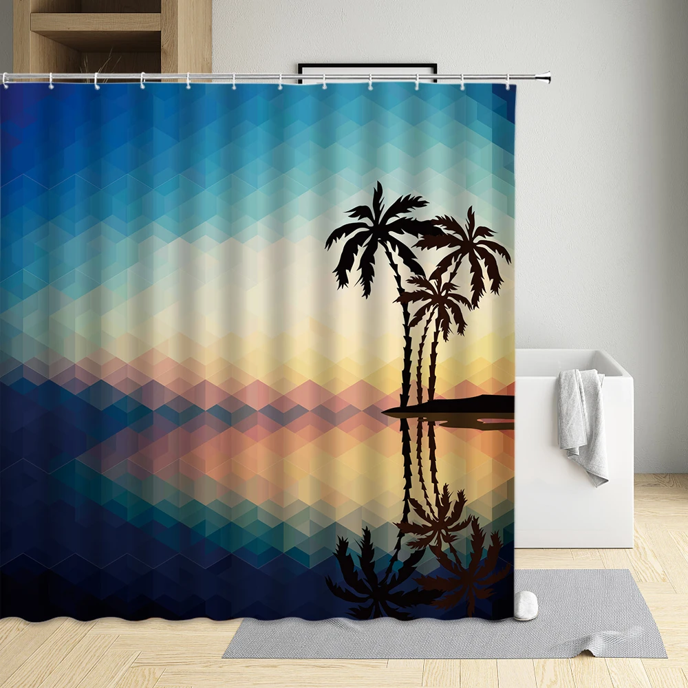 

Seaside Sailboat Sandy Beach Palm Tree The Waves Sunlight Wedding Shower Curtain Waterproof Cloth Bathroom Decor Bath Screen
