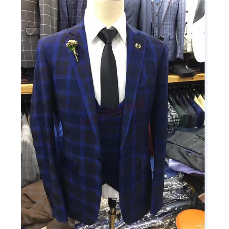 Осенний костюм для мужчин 3 шт. синий клетчатый Блейзер на каждый день Модный
