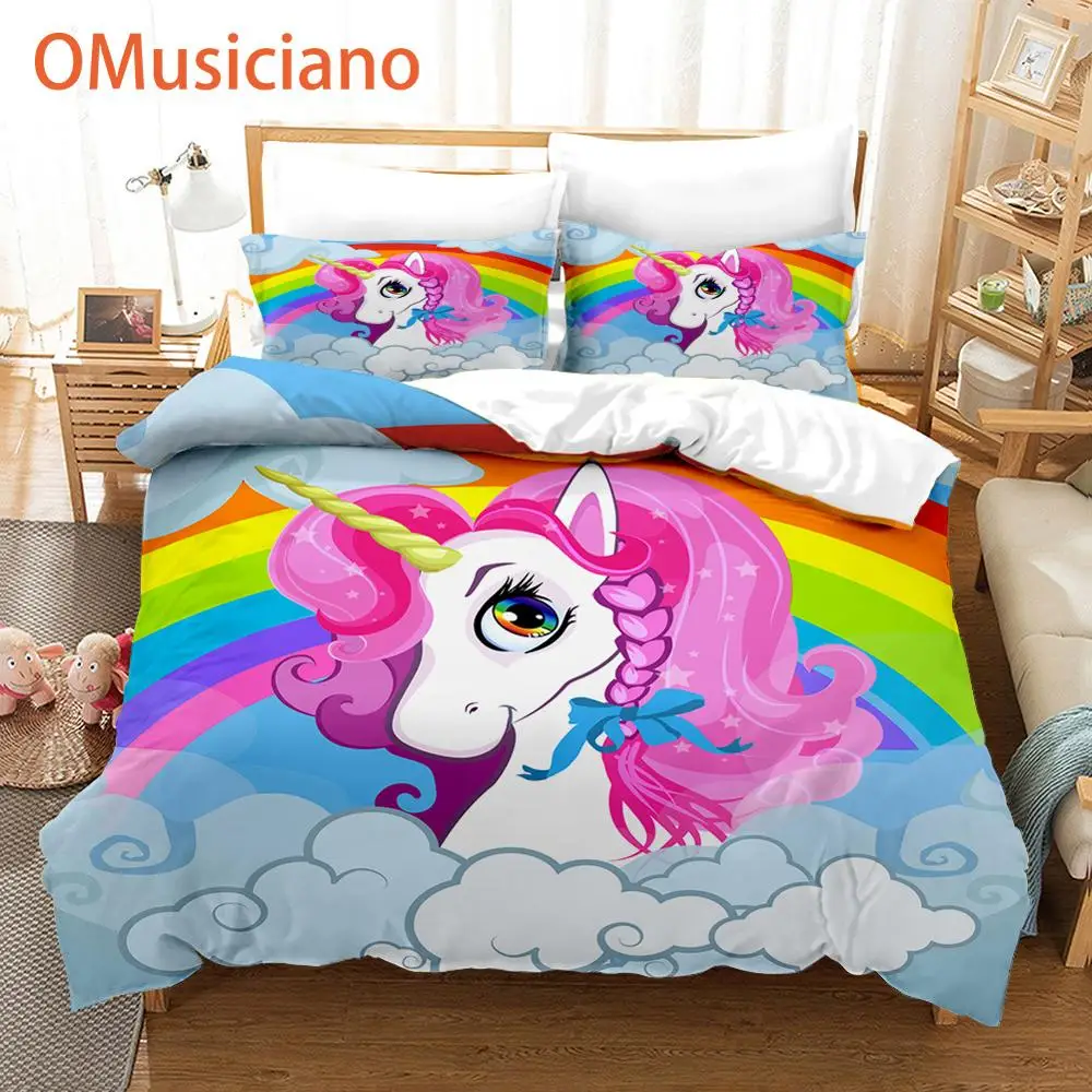 Cartoon cute rainbow unicorn bedding set, Girl quilt comforter / duvet cover set full queen king, Children's cartoon unicorn 3pc