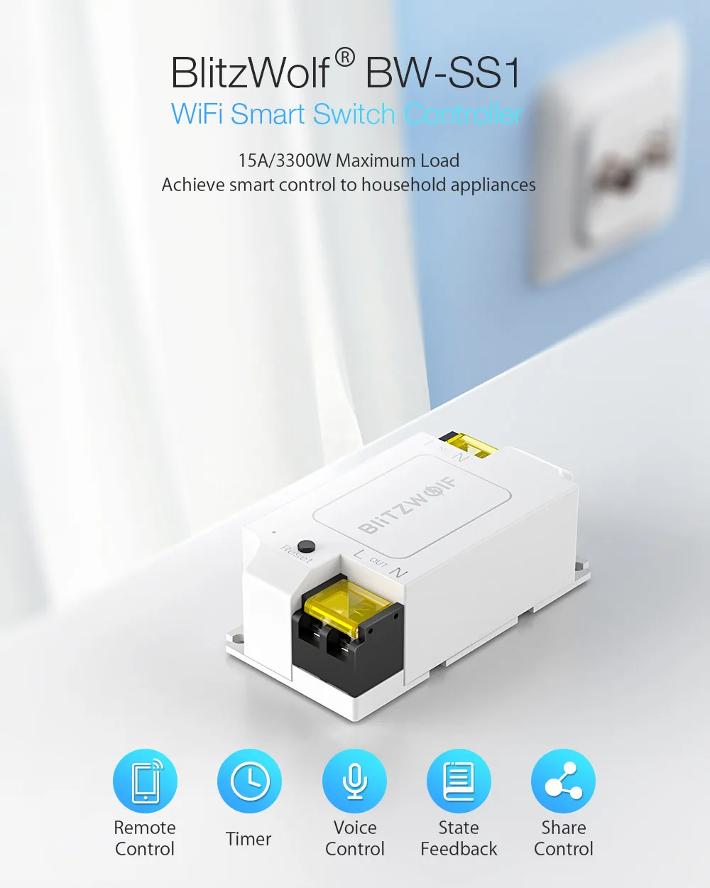 BlitzWolf BW-SS1, умный дом, приложение, управление, таймер, модуль, розетка 3300 Вт, 15а, базовый, сделай сам, wifi, беспроводной переключатель, работает с Google Home IFTTT