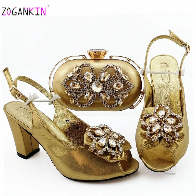 

2019 Super High Heels Nigerian Shoes With Matching Bags Set Italian Women's Party Shoes and Bag Sets Peach Color with Crystal