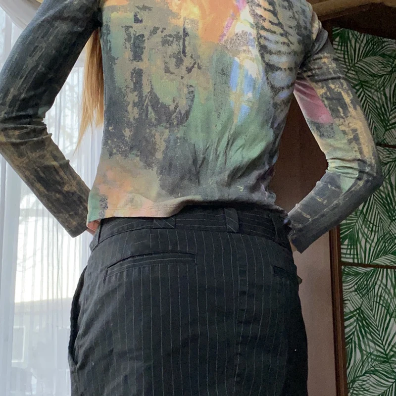 

IAMSURE Printed T Shirt Women Casual Slim O-Neck Long Sleeve Tees Fashion High Street Basic Crop Top Spring Autumn Y2K Aesthetic