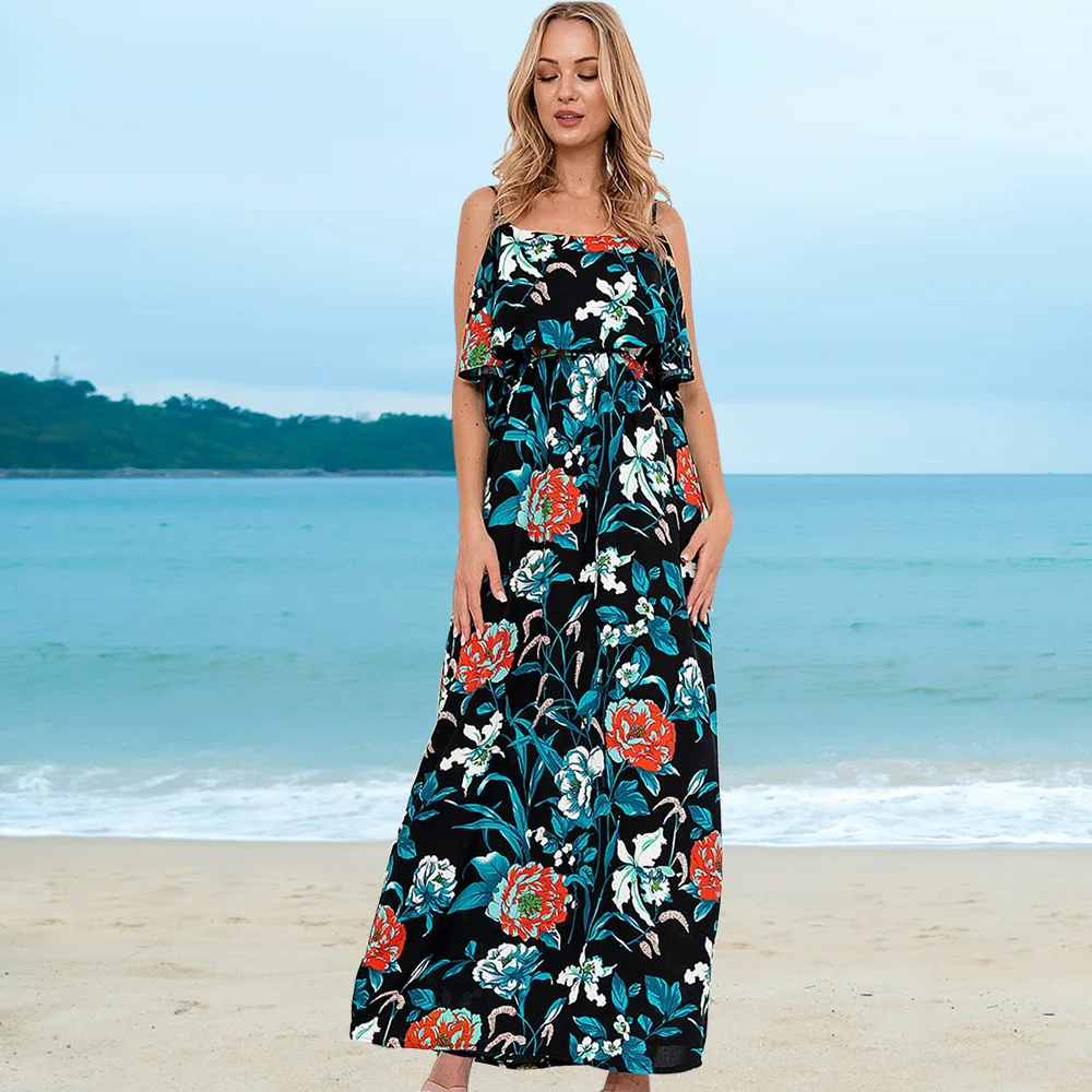 

Summer Women Casual Loose Strap Dress Colors Beach Boho Bow Camis Befree Maxi Dress Plus Sizes Floral Ruffles Dresses Robe Femme