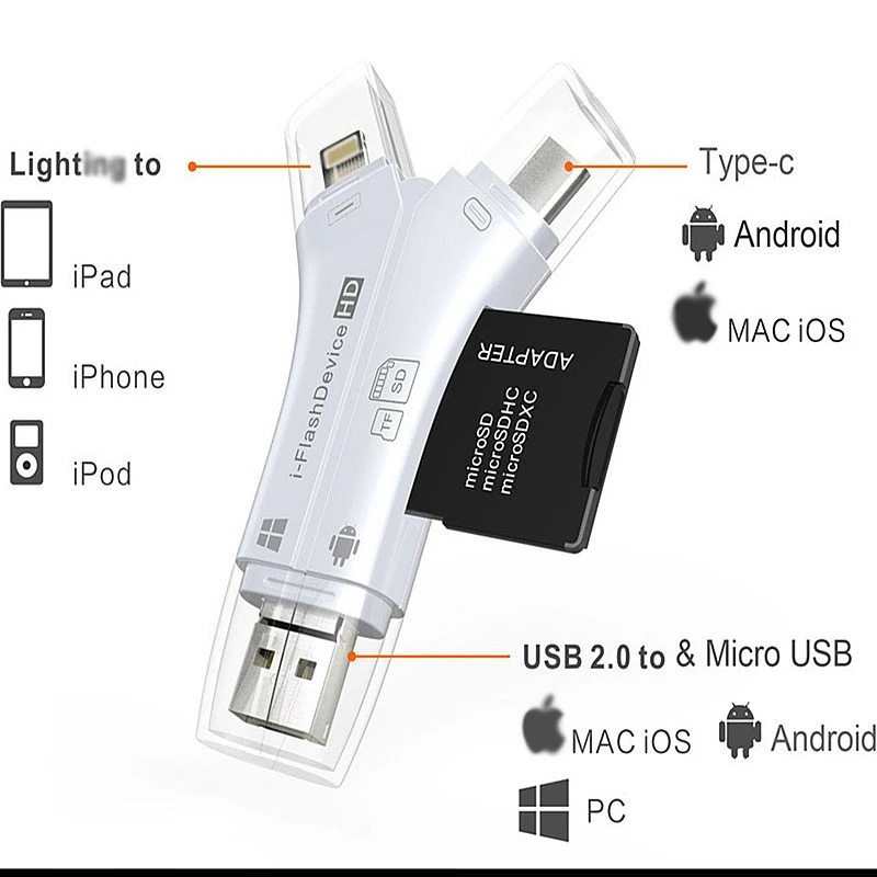 Кардридер 4 в 1 USB Type C Micro Lighting высокоскоростной Универсальный кардридер для Apple