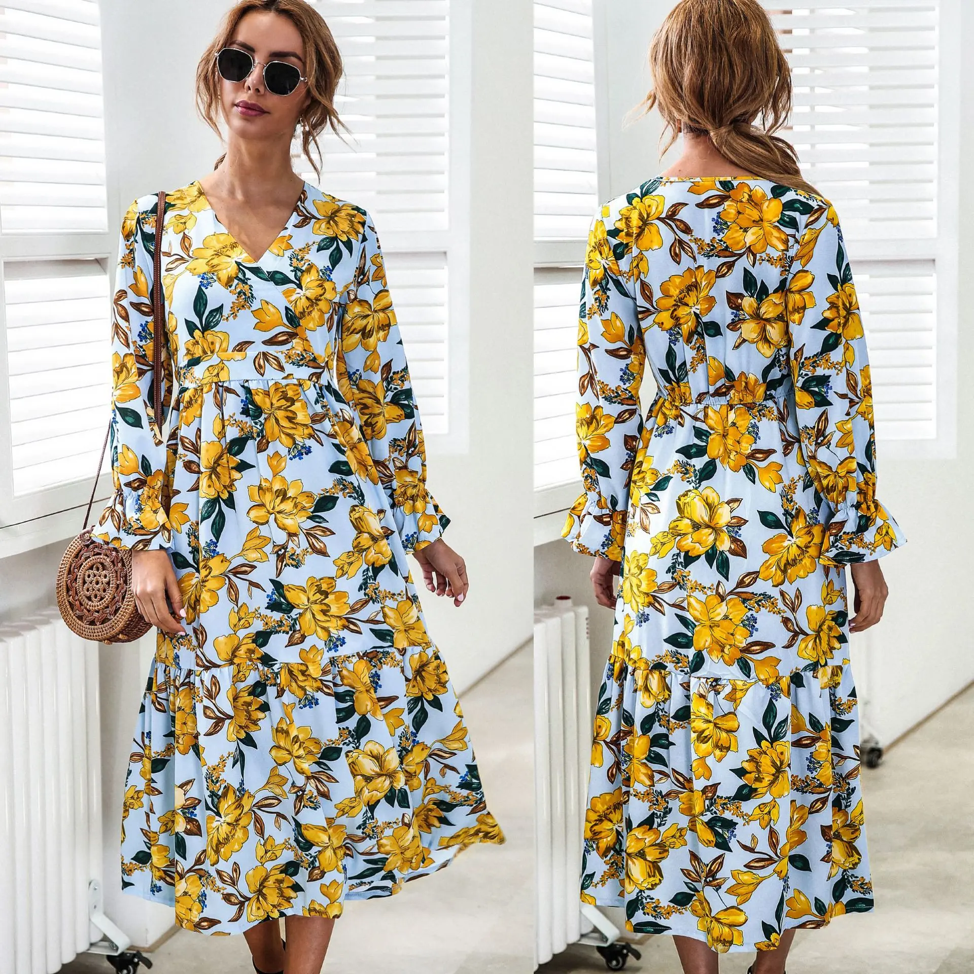 

Женское платье с оборками и расклешенными рукавами, повседневное модное платье с длинной юбкой, весна-лето 2021