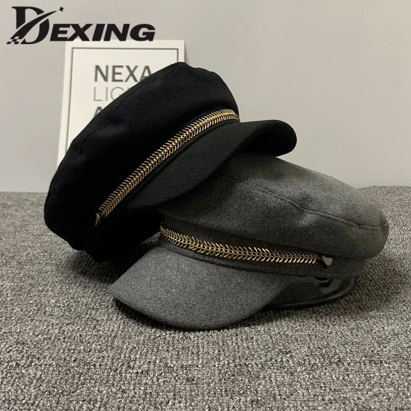 Новинка 2019 осенне зимние шерстяные военные береты с цепочкой для женщин женская