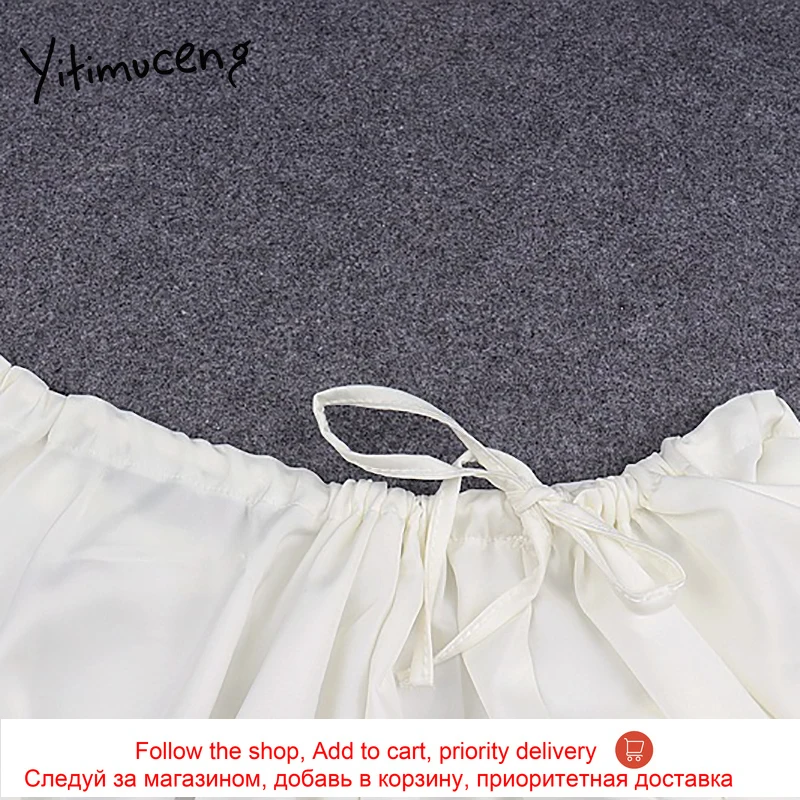 

Yitimuceng Shirring Woman Tshirts Lace Up White Folds Lantern Sleeve Spring Autumn 2021 Off Shoulder Top Skew Collar New