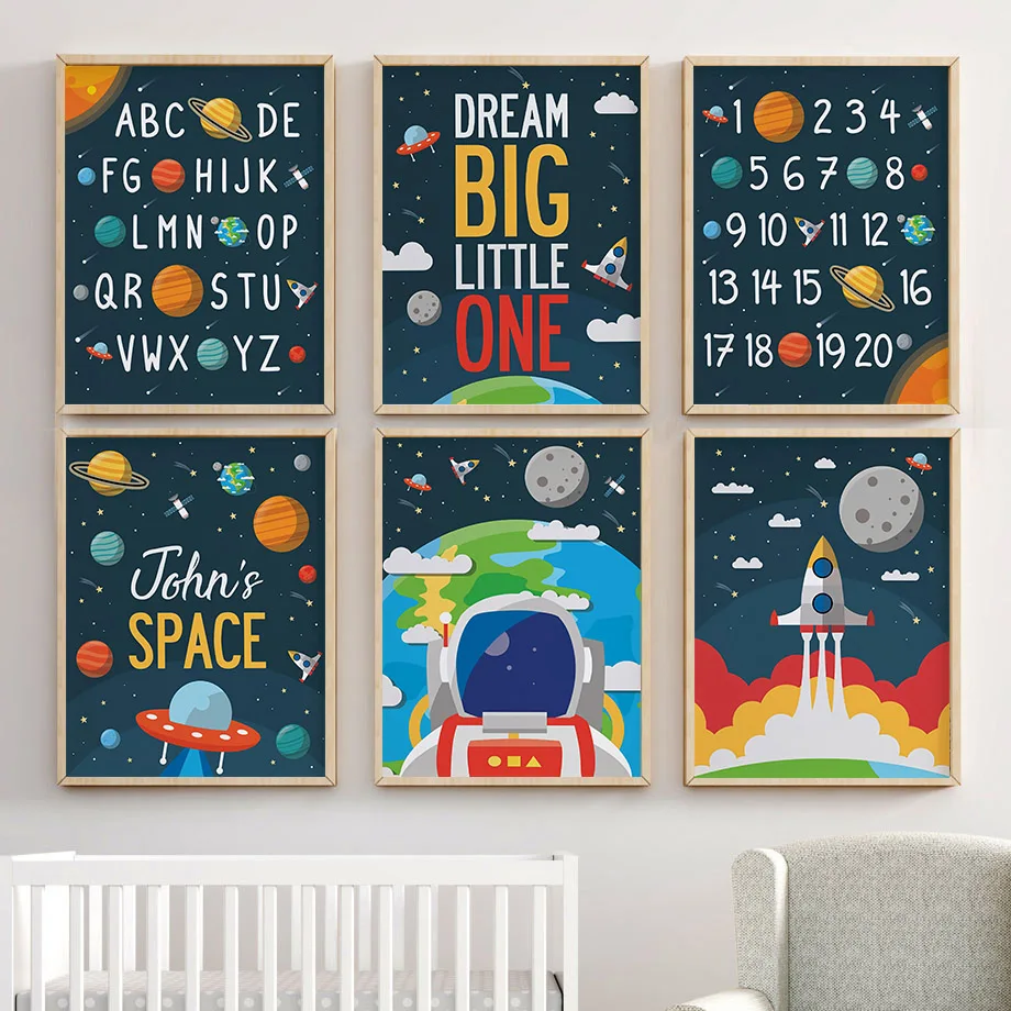 

Alphabet Arabic Planet Rocket Space Ship Nordic Posters And Prints Wall Art Canvas Painting Wall Pictures Baby Kids Room Decor
