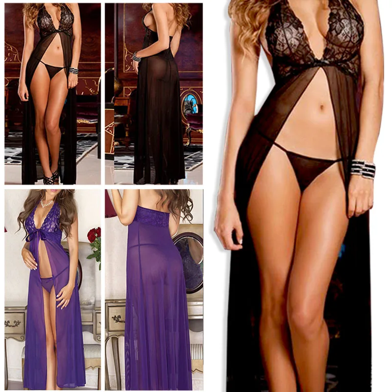 

Women 2PCS Teddy Lingerie Set, Halter One-Piece See Through Deep V-Neck Chest High Split Lingerie Dress, Sexy G-String Set