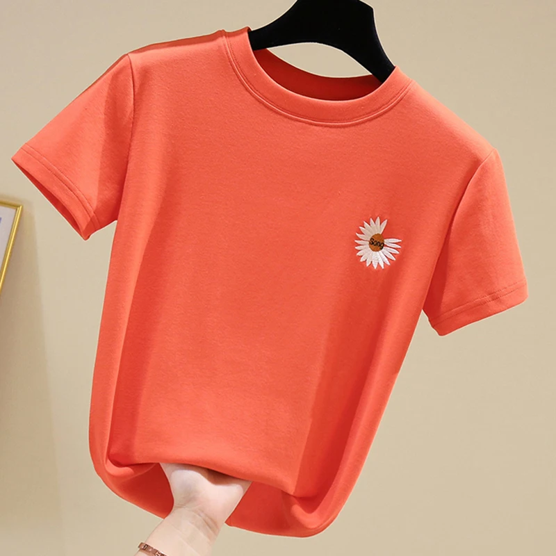 

LJSXLS 2021 New Cotton Women's T-shirt Embroidery Floral Top Short Sleeve Tshirt Woman All-match Casual O-Neck Summer Tee Shirt
